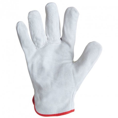 Lot de 10 gants cuir tout croûte bovin. Coloris naturel. Serrage élastique