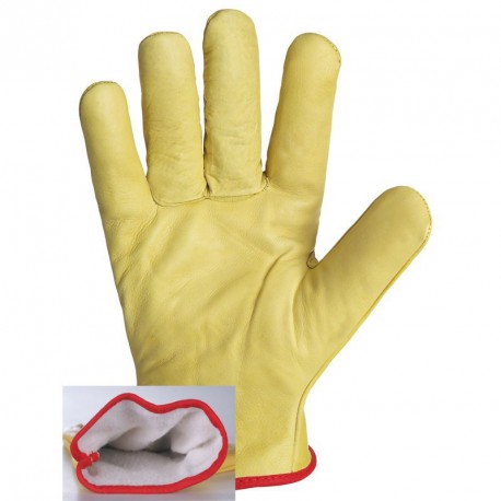 Lot de 10 gants tout fleur bovin jaune. Entièrement doublé molleton.