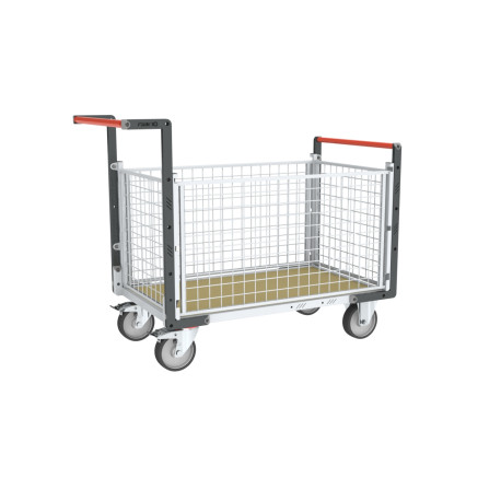Chariot modulaire grillagé 500KG, 2 dossiers + 2 ridelles, plateau bois - Roues rectangle