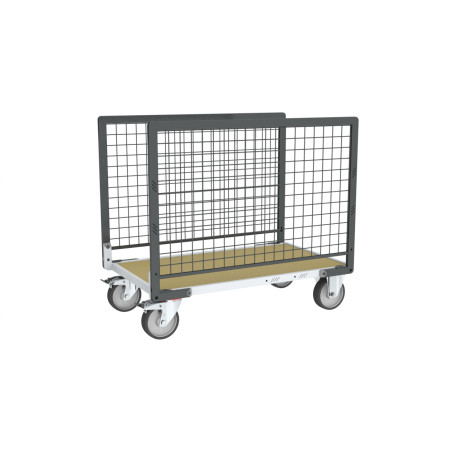 Chariot modulaire grillagé 500KG, 2 ridelles, plateau bois - Roues rectangle
